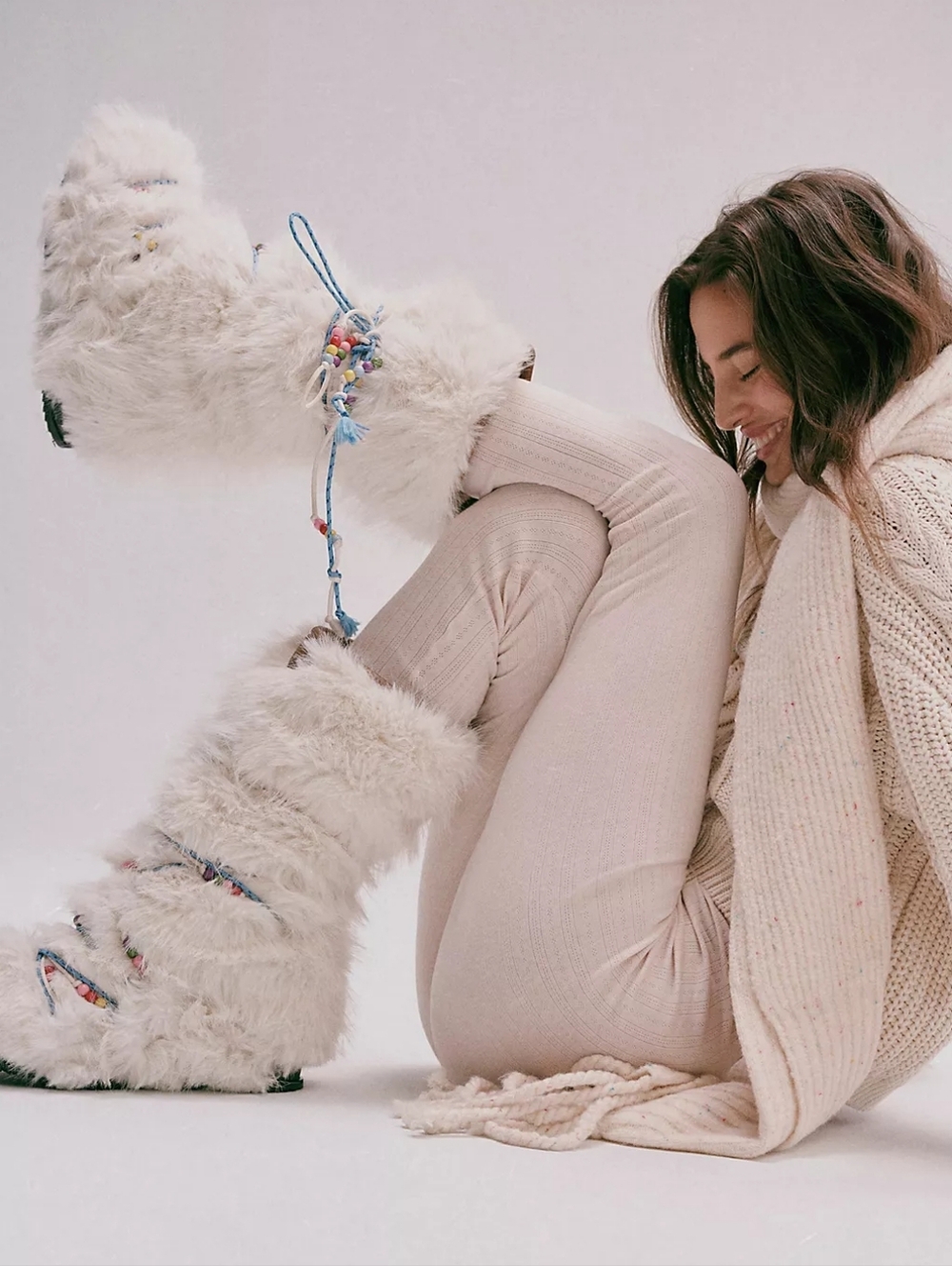 NEW Free People Apres All Day White Beaded Furry Festival Boot